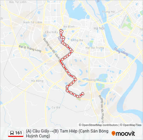 Bản đồ lộ trình chi tiết tuyến xe buýt 161 Hà Nội từ Cầu Giấy đến Tam Hiệp, thể hiện các điểm dừng chính