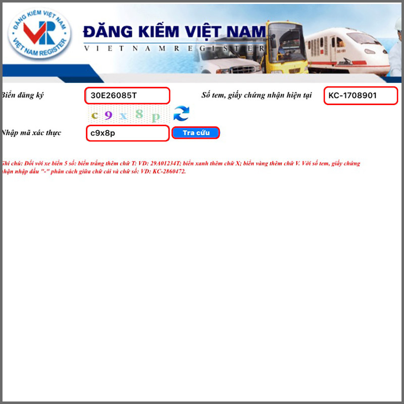 Điền đầy đủ thông tin biển số, số tem và giấy chứng nhận kiểm định khi tra cứu phạt nguội