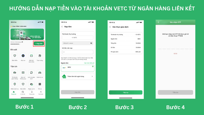 Giao diện ứng dụng VETC hiển thị quy trình nạp tiền tài khoản VETC