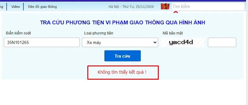 Kết quả tra cứu phạt nguội trên website Cục Cảnh sát Giao thông khi không có vi phạm