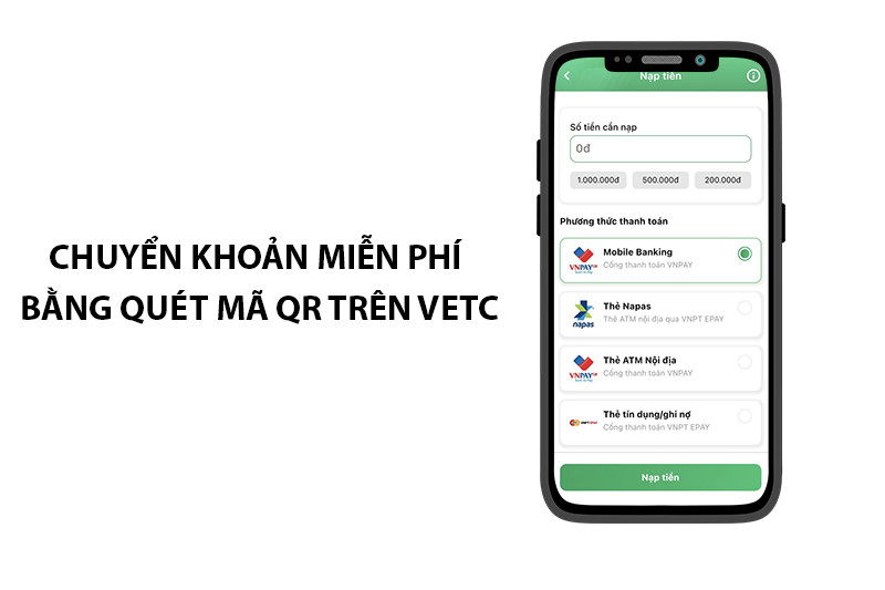 Màn hình ứng dụng VETC hiển thị mã QR để nạp tiền vào tài khoản giao thông