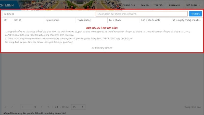 Ví dụ giao diện tra cứu phạt nguội trên website Sở Giao thông Vận tải