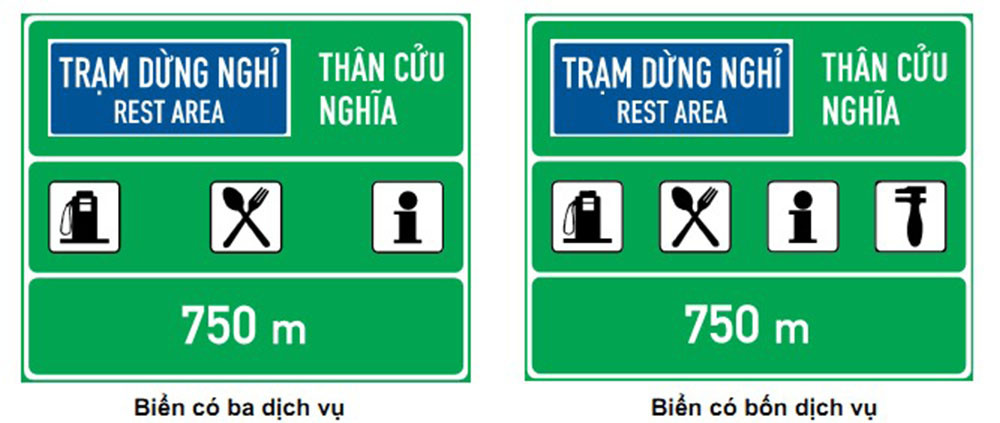 Biển báo chỉ dẫn khu vực dịch vụ trên đường cao tốc như trạm xăng và nhà hàng