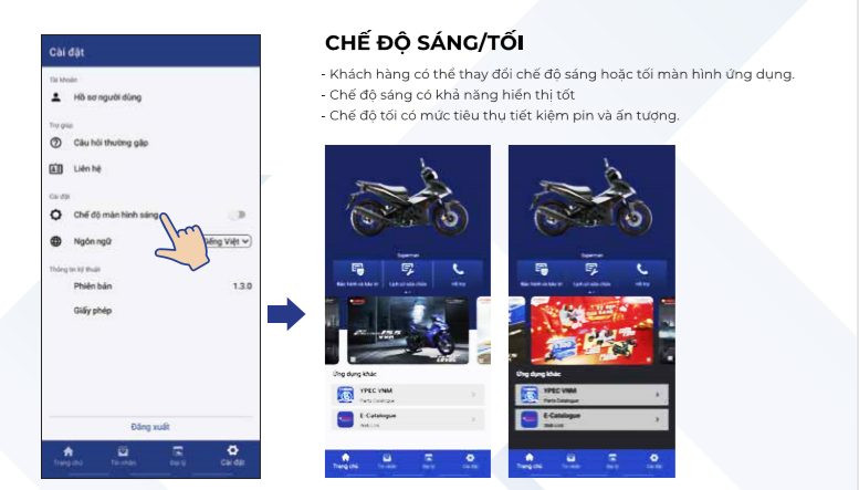 cài đặt chế độ sáng tối trên ứng dụng kiểm tra xe máy