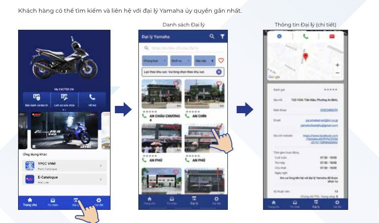 giao diện tìm kiếm và xem thông tin đại lý ủy quyền trên ứng dụng My Yamaha Motor