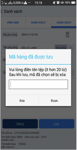 Lưu danh sách mã phụ tùng đã chọn trên ứng dụng