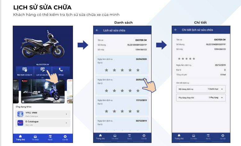 màn hình hiển thị lịch sử bảo dưỡng và sửa chữa xe trên phần mềm quản lý xe máy Yamaha